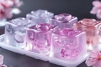 Frozen rose-shaped ice cubes in pink and clear variations arranged in silicone mold with scattered cherry blossom petals on dark surface, creating elegant drink garnish.