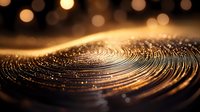 Golden ripples on dark background with bokeh lights create mesmerizing abstract pattern, macro photography with shallow depth of field for luxury design.
