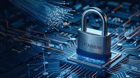 Titanium padlock on circuit board with fiber optic cables representing cybersecurity, data protection and network security for business technology solutions.