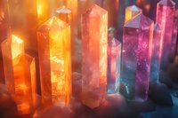 Glowing crystal quartz points in vibrant orange, pink and blue colors arranged in row with mystical lighting and bokeh effect creating magical atmosphere.