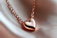 Rose gold heart pendant necklace on delicate chain against soft blurred silk background, romantic jewelry macro photography for fashion and gift marketing.
