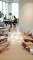 Team of diverse professionals with hands around glowing holographic interface displaying synergy and relevance keywords in modern office workspace with colleagues collaborating by windows.