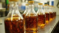 Glass bottles filled with golden amber liquid arranged in row on wooden surface, selective focus on center bottle showing rich color and texture in natural lighting.