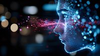 Digital profile made of glowing particles with blue and pink light effects dispersing against dark background, representing artificial intelligence and technology.