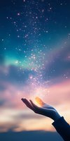 Magical glowing butterfly transforms into sparkling stardust rising into dreamy twilight sky with aurora borealis and pink clouds, hand reaching up in wonder.