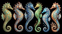 Five ornate seahorses with colorful swirling patterns, isolated on transparent background. Great for stickers, t-shirt design, print on demand, clipart, and sublimation.