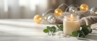 Cozy home spa setting with burning candle, eucalyptus leaves and golden ornaments on white wooden surface creating peaceful wellness atmosphere.