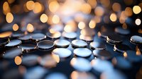 Metallic bottle caps arranged in rows with soft golden bokeh lights creating magical atmosphere, shallow depth of field adds dreamy effect to industrial elements.