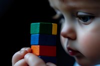 Young caucasian child in deep concentration examining colorful wooden building blocks against dark background, capturing innocent curiosity and early childhood development.