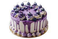 Elegant blueberry cake with purple glaze dripping down white frosting, topped with fresh berries and decorative cream swirls for celebration dessert.