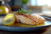 Grilled salmon fillet with crispy skin, fresh rosemary garnish and lemon slices in citrus sauce on blue ceramic plate, close-up view with selective focus.