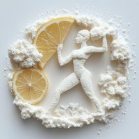 Female athlete silhouette made with protein powder and fresh lemon slices on white background, creative fitness and healthy nutrition concept composition.