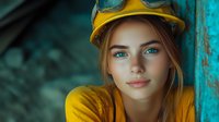 Young female construction worker wearing yellow hard hat and safety glasses, with striking blue eyes and natural makeup, against turquoise industrial background.