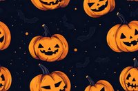 Spooky carved pumpkins with glowing faces and flying bats on dark background create festive Halloween pattern for seasonal decor and wrapping paper designs.