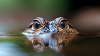 Close-up macro photograph of crocodile eyes emerging from water surface with reflection, showing detailed texture of scaly skin and intense blue eyes in natural habitat.