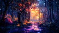Mystical forest path illuminated by golden sunlight through autumn trees, with purple and blue ethereal mist creating magical atmosphere along winding trail.