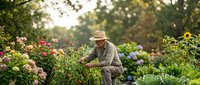 Senior male gardener in straw hat tending to colorful flower garden with hydrangeas and roses during golden hour sunlight for landscaping and hobby concepts.
