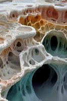 Microscopic view of bone tissue structure showing intricate cellular matrix and cavities in white, orange and turquoise colors, revealing natural biological architecture.