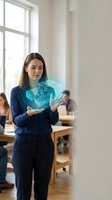 Young woman with long dark hair and Caucasian ethnicity wearing navy business attire, holding glowing turquoise holographic building model in modern office with colleagues and bright window.