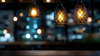 Rustic wooden table with hanging vintage lattice pendant lamps glowing warmly against dark blurred background with bokeh lights, creating cozy atmosphere.