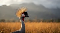 Grey crowned crane with golden crest standing in savanna grassland during golden hour with mountains in background for wildlife photography projects.
