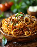 Spaghetti pasta with meat sauce and parmesan cheese garnished with fresh herbs in wooden bowl, close up view on rustic wooden table with tomatoes.