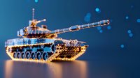 Military tank model with glowing lights on dark blue background. Modern warfare vehicle illustration for gaming, defense concepts and strategic planning.