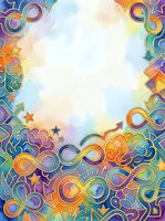 Colorful ornamental border frame with infinity symbols, stars, and geometric patterns in gold, purple, blue, and orange tones on watercolor background. Central white space ideal for text, invitations, and design projects.