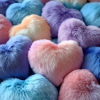 Soft plush heart-shaped pillows in pastel colors of pink, blue, and purple create romantic texture background with fluffy faux fur material.