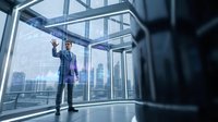 Professional businessman in suit interacting with futuristic holographic interface in modern glass office building with city skyline view.