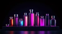 Elegant glass bottles with vibrant pink, purple and blue liquid on black background, illuminated with neon glow. Luxury cosmetic and perfume packaging concept.