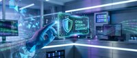 Cybersecurity expert analyzing digital threats in futuristic command center with holographic shield interface and data streams for network protection.