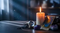 Mystical fortune telling setup with burning candle, crystal ball, tarot cards and amethyst crystals on wooden table creating atmospheric divination scene.