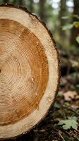 Fresh cut tree trunk cross section showing annual growth rings in forest setting for lumber and forestry industry concepts.