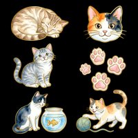 Watercolor cat clipart set with cute kittens, paw prints, fish bowl, and yarn ball, isolated on transparent background. Great for stickers, t-shirt design, and print on demand.