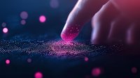 Finger touching digital wave surface with glowing pink particles and ripple effect on dark background, representing technology interface and innovation.