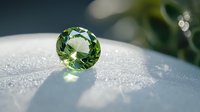 Round cut green gemstone on sparkling white surface with soft bokeh background, luxury jewelry and precious stone macro photography for fine jewelry design.