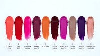 Colorful lipstick swatches in vibrant shades from coral to burgundy arranged in row with color names below for cosmetic branding and beauty marketing.
