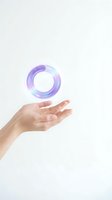 Female hand holding glowing purple and blue gradient circular orb or sphere against white background, representing innovation, technology, energy, and futuristic concepts for design projects.