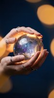 Hands holding glowing crystal ball with galaxy stars universe inside against bokeh lights background for fortune telling mystical concepts.