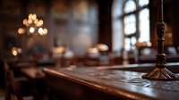 Elegant vintage restaurant interior with wooden tables, soft chandelier lighting, and ornate details creating warm, nostalgic dining atmosphere.