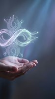 Human hands presenting glowing digital circuit board with flowing energy waves in futuristic holographic display for technology innovation concepts.