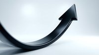 Black curved arrow pointing upward on white background, symbolizing growth, progress, and positive business momentum for corporate presentations and financial concepts.