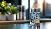 Clear glass filled with sparkling water bubbles on wooden table in modern kitchen interior for healthy hydration lifestyle and wellness concepts.