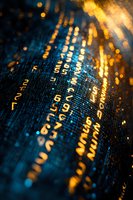 Abstract digital numbers and code in golden light against dark blue background, creating futuristic technology pattern with bokeh effect and depth of field.