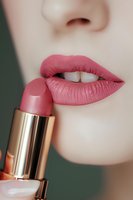 Close-up of sensual pink lips with matching lipstick in luxurious gold tube against dark background, showcasing cosmetic application and makeup artistry.