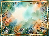 Watercolor woodland scene with raccoons, autumn foliage, and golden frame border. Soft blended colors in teal, orange, and cream create dreamy forest atmosphere. Isolated design ready for children's books, nursery decor, and creative projects.