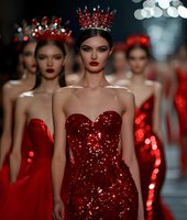 Young Caucasian woman in sparkling red strapless evening gown and crystal crown walks runway with models in red dresses behind her, dramatic fashion show lighting and bokeh effects.