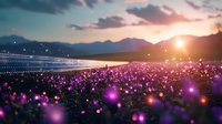 Magical glowing purple flowers in mountain meadow at sunset with light trails and bokeh effects creating dreamy atmospheric landscape scene.