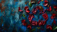 Red autumn leaves scattered on dark blue textured background with water drops create recycling symbol shape, environmental concept for sustainability awareness.